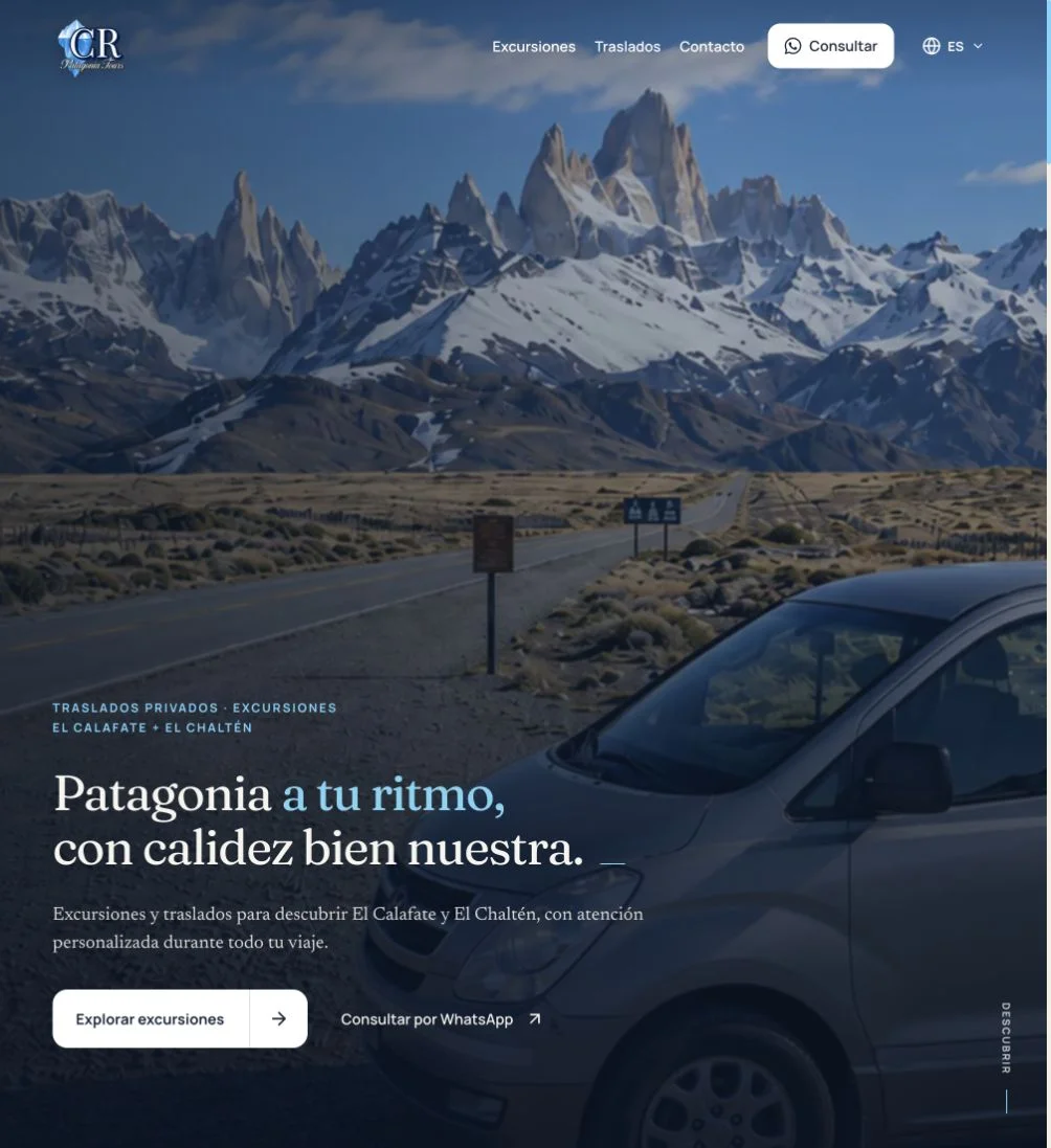 Vista de escritorio del sitio de CR Patagonia Tours